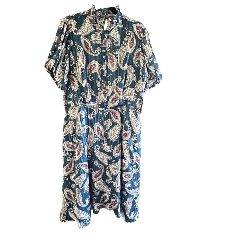 NWT Unique Vintage Women's Teal Paisley Print Short Sleeves Midi Dress Size 16